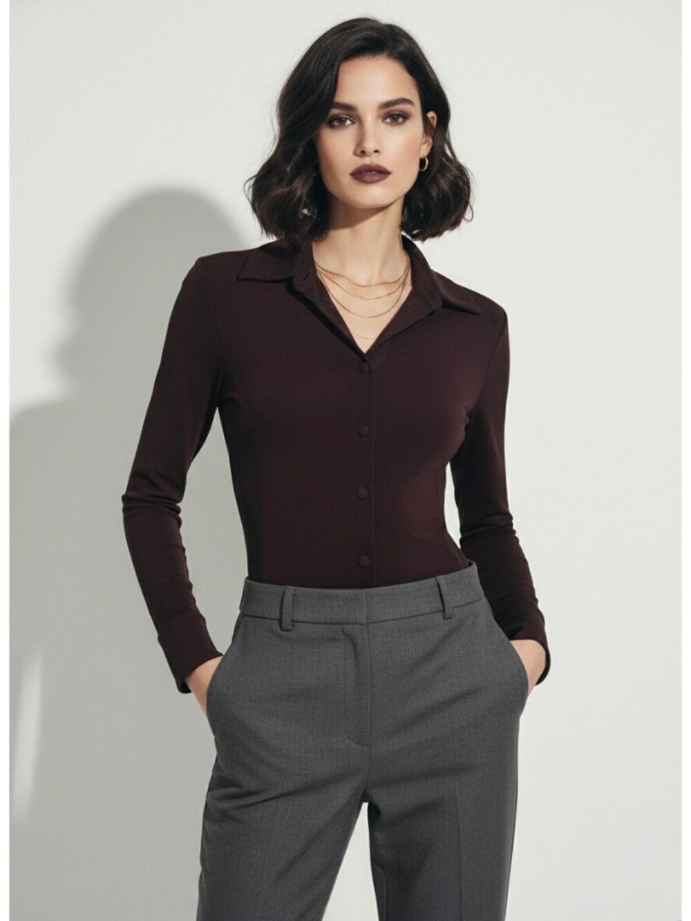 VTG Armani Oxblood Button-Up Top 10 | Office Siren Femme Fatale Quiet Luxury Y2K - Picture 12 of 13